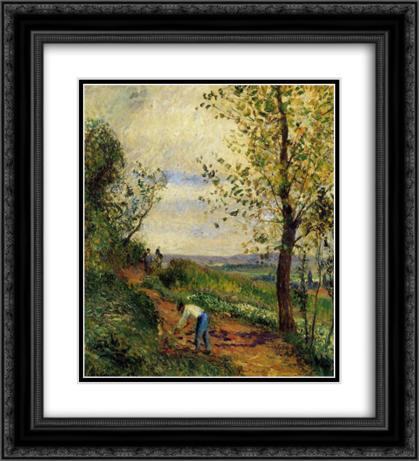 Landscape with a Man Digging 20x22 Black Ornate Wood Framed Art Print Poster with Double Matting by Pissarro, Camille