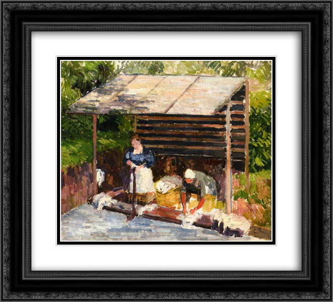 Laundresses at Eragny 22x20 Black Ornate Wood Framed Art Print Poster with Double Matting by Pissarro, Camille