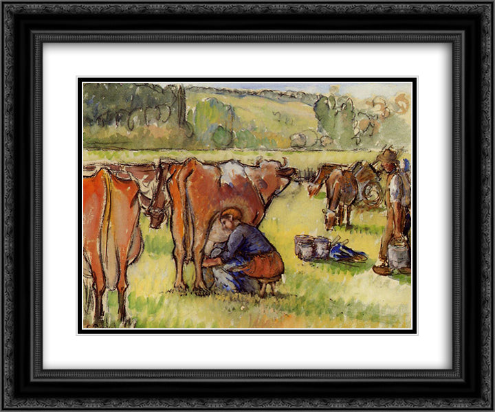 Milking Cows 24x20 Black Ornate Wood Framed Art Print Poster with Double Matting by Pissarro, Camille