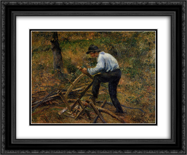 Pere Melon Sawing Wood, Pontoise 24x20 Black Ornate Wood Framed Art Print Poster with Double Matting by Pissarro, Camille