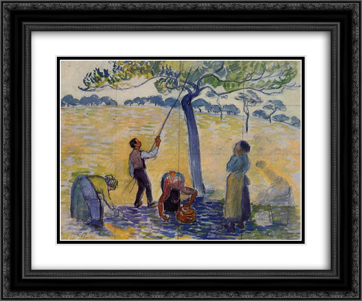 Picking Apples 24x20 Black Ornate Wood Framed Art Print Poster with Double Matting by Pissarro, Camille