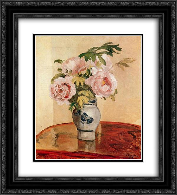 Pink Peonies 20x22 Black Ornate Wood Framed Art Print Poster with Double Matting by Pissarro, Camille