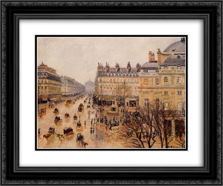 Place du Theatre Francais Rain Effect 24x20 Black Ornate Wood Framed Art Print Poster with Double Matting by Pissarro, Camille