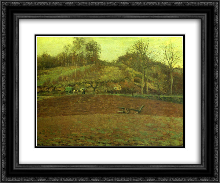 Ploughland 24x20 Black Ornate Wood Framed Art Print Poster with Double Matting by Pissarro, Camille