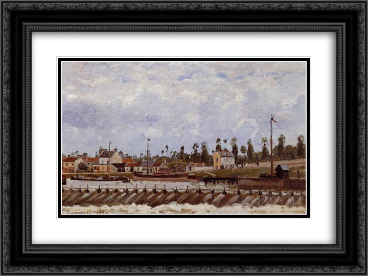 Pontoise Dam 24x18 Black Ornate Wood Framed Art Print Poster with Double Matting by Pissarro, Camille
