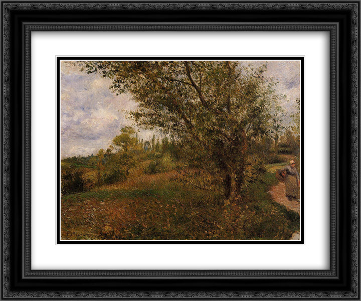 Pontoise Landscape, Through the Fields 24x20 Black Ornate Wood Framed Art Print Poster with Double Matting by Pissarro, Camille