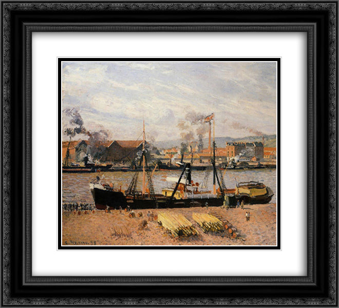 Rouen Port, Unloading Wood 22x20 Black Ornate Wood Framed Art Print Poster with Double Matting by Pissarro, Camille