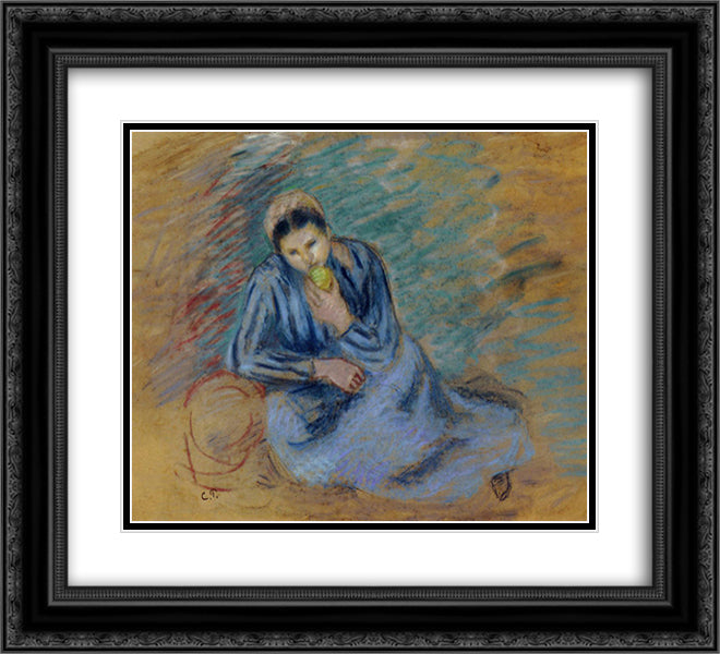 Seated Peasant Woman Crunching an Apple 22x20 Black Ornate Wood Framed Art Print Poster with Double Matting by Pissarro, Camille