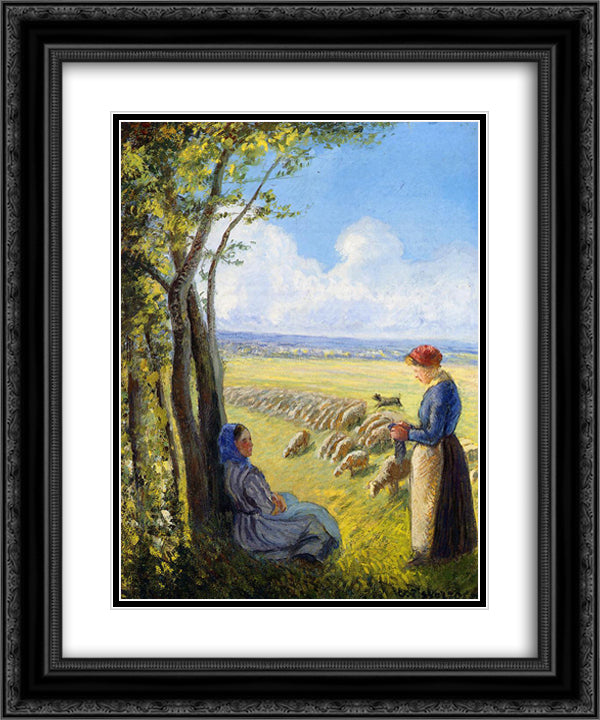 Shepherdesses 20x24 Black Ornate Wood Framed Art Print Poster with Double Matting by Pissarro, Camille