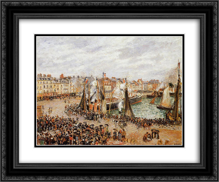 The Fishmarket, Dieppe, Grey Weather, Morning 24x20 Black Ornate Wood Framed Art Print Poster with Double Matting by Pissarro, Camille