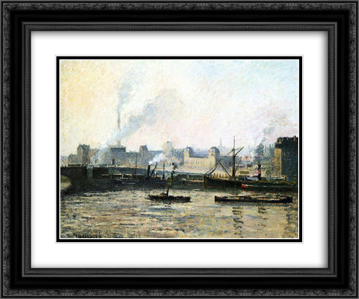 The Saint Sever Bridge at Rouen, Fog 24x20 Black Ornate Wood Framed Art Print Poster with Double Matting by Pissarro, Camille