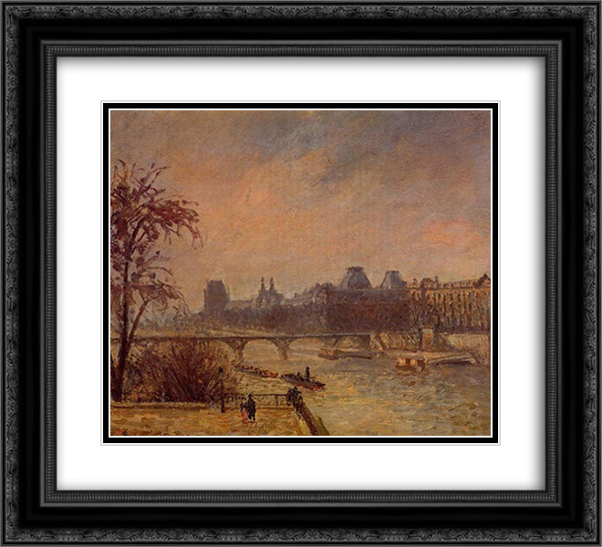 The Seine and the Louvre, Paris 22x20 Black Ornate Wood Framed Art Print Poster with Double Matting by Pissarro, Camille