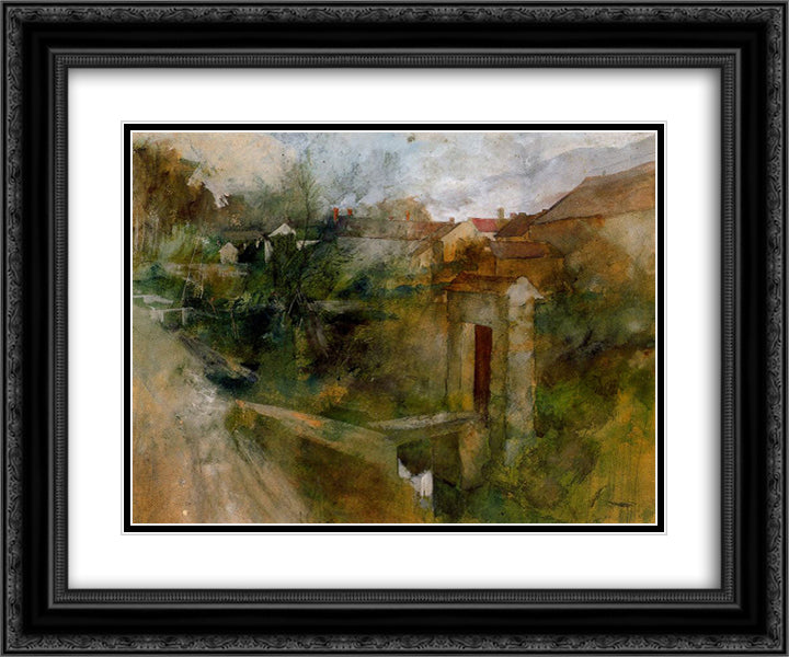 View of Montcourt 24x20 Black Ornate Wood Framed Art Print Poster with Double Matting by Larsson, Carl