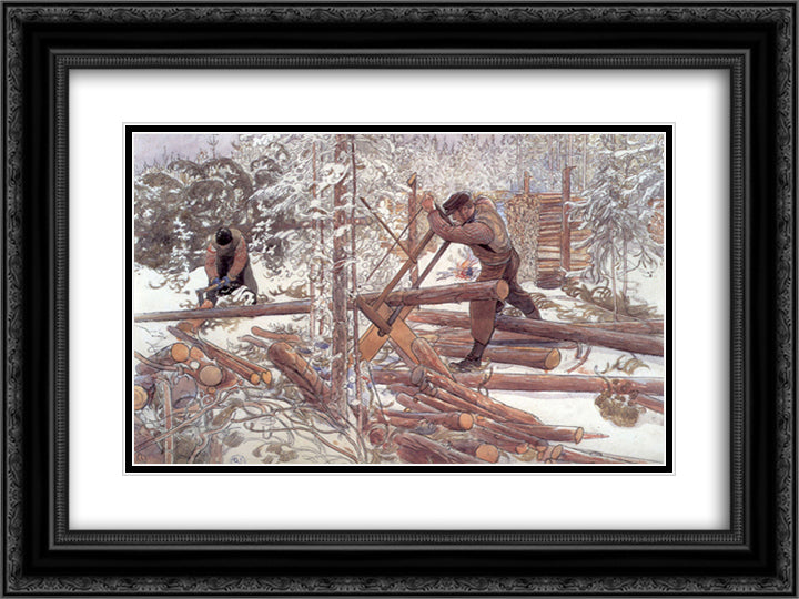 Woodcutters in the forest 24x18 Black Ornate Wood Framed Art Print Poster with Double Matting by Larsson, Carl