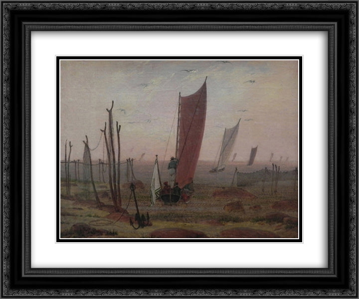 Ships sailing off in the morning 24x20 Black Ornate Wood Framed Art Print Poster with Double Matting by Friedrich, Caspar David
