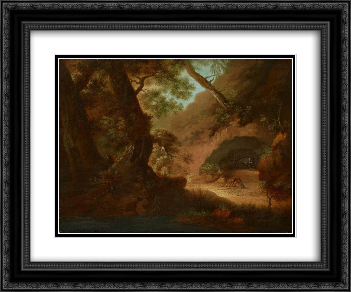 Wolves in the forrest in front of a cave 24x20 Black Ornate Wood Framed Art Print Poster with Double Matting by Friedrich, Caspar David
