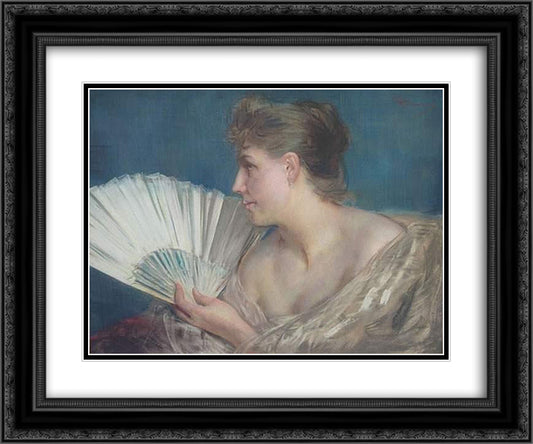 Femme a l'eventail 24x20 Black Ornate Wood Framed Art Print Poster with Double Matting by Hermans, Charles