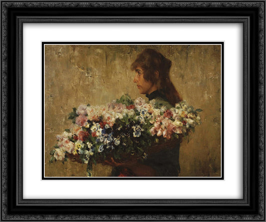 The Flower Seller 24x20 Black Ornate Wood Framed Art Print Poster with Double Matting by Hermans, Charles