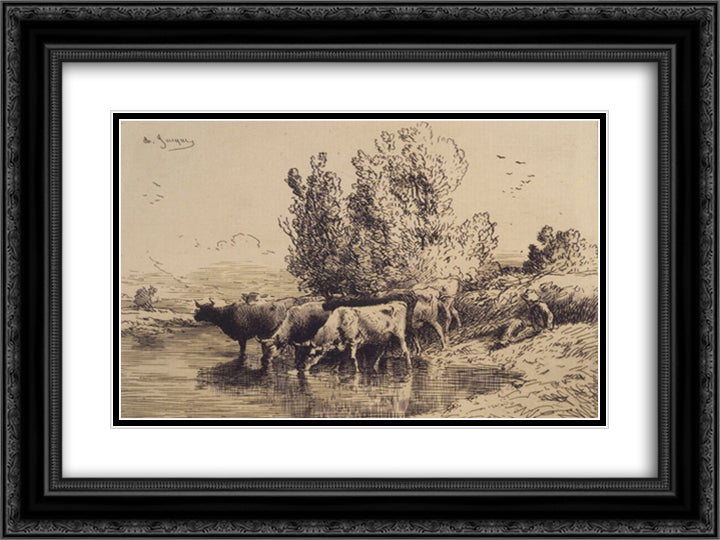 Cows 24x18 Black Ornate Wood Framed Art Print Poster with Double Matting by Jacque, Charles