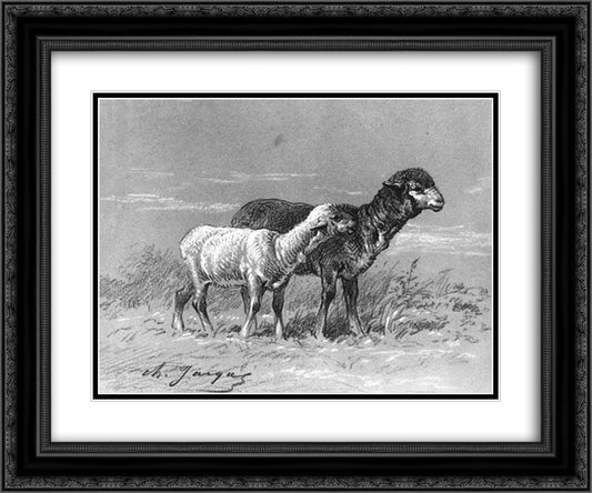 Ewe and Lamb 24x20 Black Ornate Wood Framed Art Print Poster with Double Matting by Jacque, Charles
