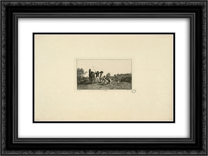 La Curee 24x18 Black Ornate Wood Framed Art Print Poster with Double Matting by Jacque, Charles