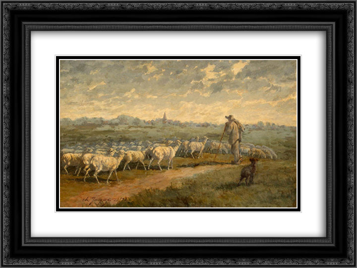 Landscape with a Herd 24x18 Black Ornate Wood Framed Art Print Poster with Double Matting by Jacque, Charles