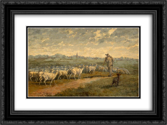 Landscape with a Herd 24x18 Black Ornate Wood Framed Art Print Poster with Double Matting by Jacque, Charles