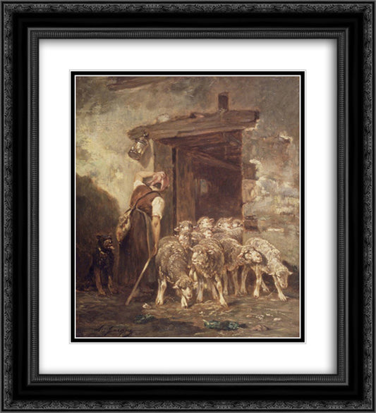 Leaving the Sheep Pen 20x22 Black Ornate Wood Framed Art Print Poster with Double Matting by Jacque, Charles