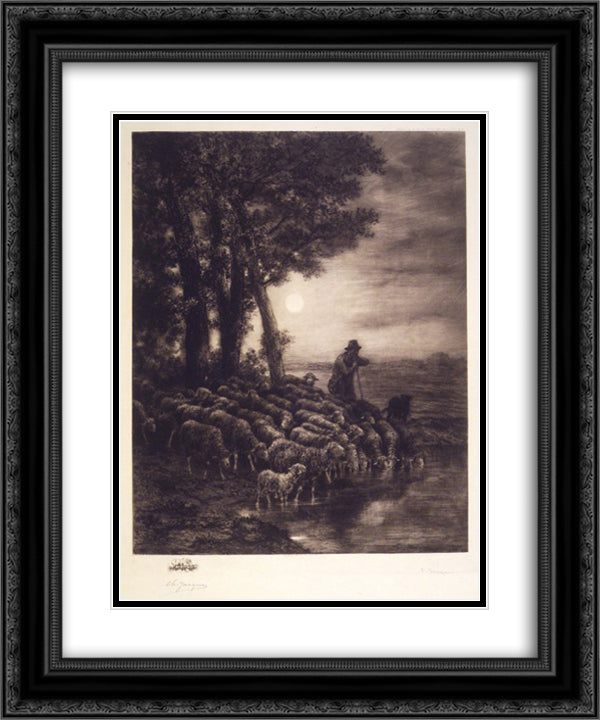 Moonlight 20x24 Black Ornate Wood Framed Art Print Poster with Double Matting by Jacque, Charles