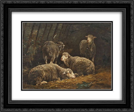 Schafe im Stall 24x20 Black Ornate Wood Framed Art Print Poster with Double Matting by Jacque, Charles