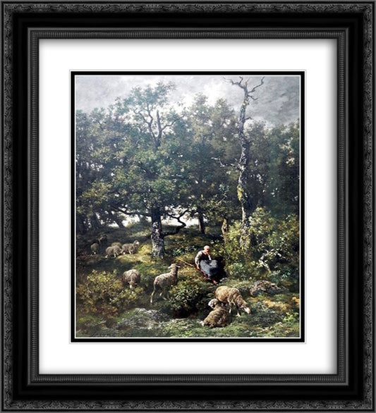 Schaferin mit Herde 20x22 Black Ornate Wood Framed Art Print Poster with Double Matting by Jacque, Charles