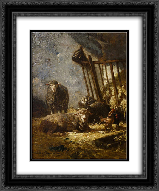 Sheep in Manger 20x24 Black Ornate Wood Framed Art Print Poster with Double Matting by Jacque, Charles