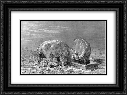 Two Pigs Eating from a Trough 24x18 Black Ornate Wood Framed Art Print Poster with Double Matting by Jacque, Charles