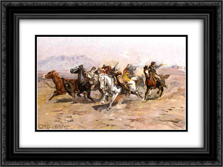 Outnumbered 24x18 Black Ornate Wood Framed Art Print Poster with Double Matting by Russell, Charles M.