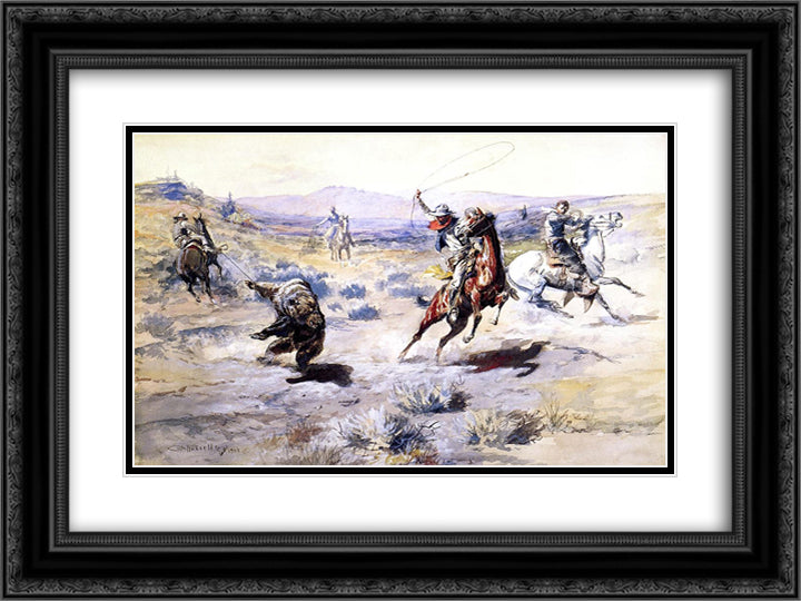 Roping a Grizzly 24x18 Black Ornate Wood Framed Art Print Poster with Double Matting by Russell, Charles M.
