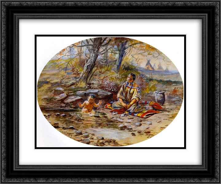 The Bath 24x20 Black Ornate Wood Framed Art Print Poster with Double Matting by Russell, Charles M.