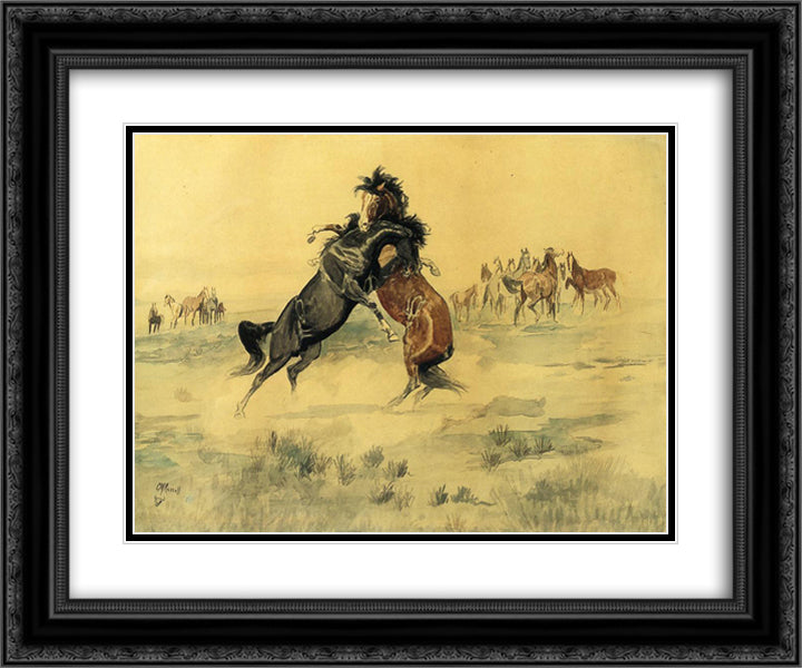 The Challenge 24x20 Black Ornate Wood Framed Art Print Poster with Double Matting by Russell, Charles M.