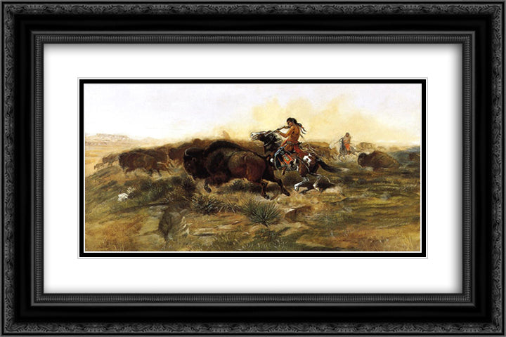 Wild Meat for Wild Men 24x16 Black Ornate Wood Framed Art Print Poster with Double Matting by Russell, Charles M.
