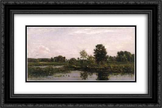 A Bend in the River Oise 24x16 Black Ornate Wood Framed Art Print Poster with Double Matting by Daubigny, Charles Francois