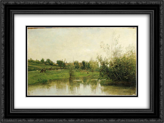 A corner of Normandy 24x18 Black Ornate Wood Framed Art Print Poster with Double Matting by Daubigny, Charles Francois