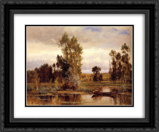 Boat on a Pond 24x20 Black Ornate Wood Framed Art Print Poster with Double Matting by Daubigny, Charles Francois