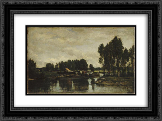 Boats on the Oise 24x18 Black Ornate Wood Framed Art Print Poster with Double Matting by Daubigny, Charles Francois
