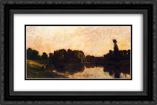 Daybreak, the Oise, Ile de Vaux 24x16 Black Ornate Wood Framed Art Print Poster with Double Matting by Daubigny, Charles Francois