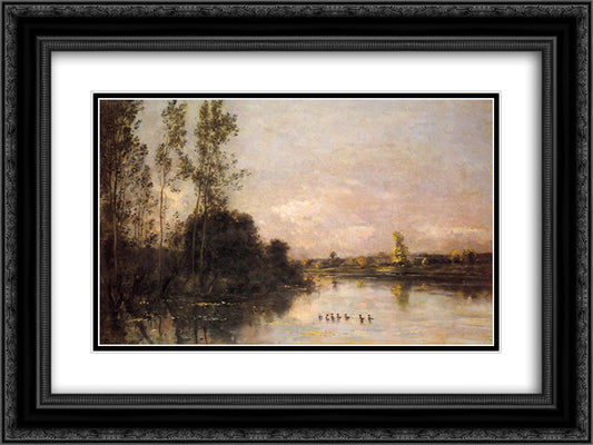 Ducklings in a River Landscape 24x18 Black Ornate Wood Framed Art Print Poster with Double Matting by Daubigny, Charles Francois