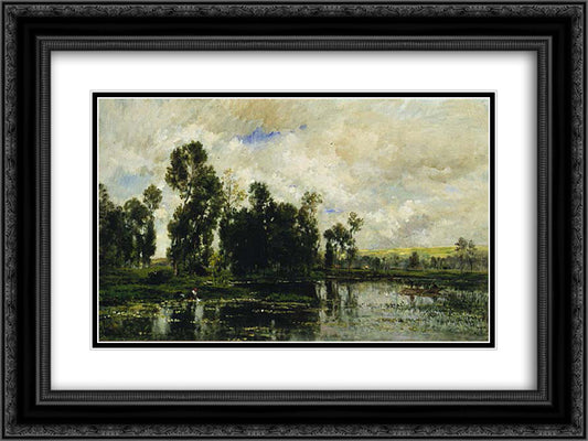 Edge of the Pond 24x18 Black Ornate Wood Framed Art Print Poster with Double Matting by Daubigny, Charles Francois
