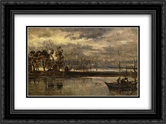 Eel Fishermen 24x18 Black Ornate Wood Framed Art Print Poster with Double Matting by Daubigny, Charles Francois
