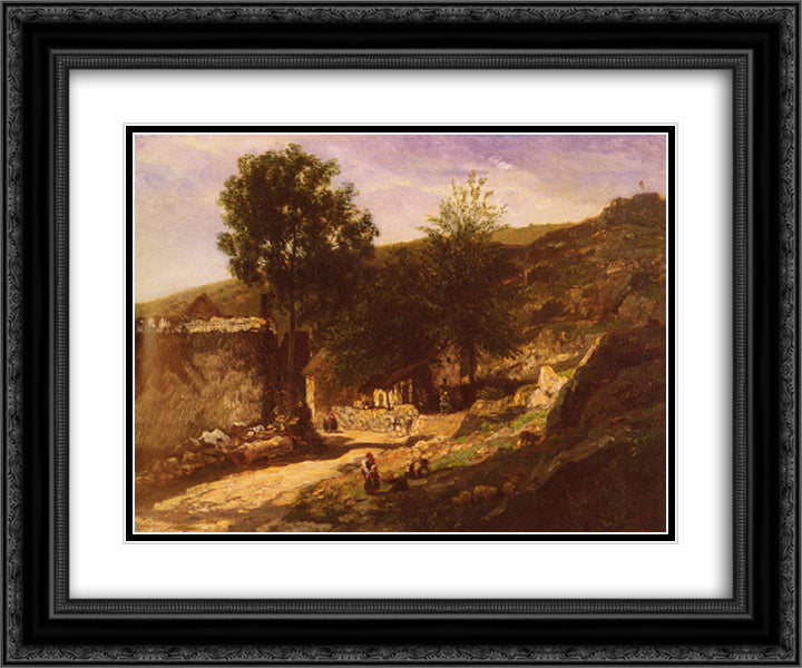 Entering The Village 24x20 Black Ornate Wood Framed Art Print Poster with Double Matting by Daubigny, Charles Francois