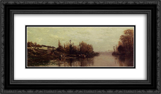 Ferry at Glouton 24x14 Black Ornate Wood Framed Art Print Poster with Double Matting by Daubigny, Charles Francois