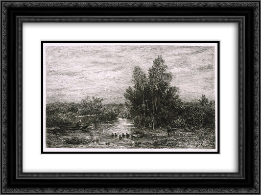 Fisherman on River with Ducks 24x18 Black Ornate Wood Framed Art Print Poster with Double Matting by Daubigny, Charles Francois