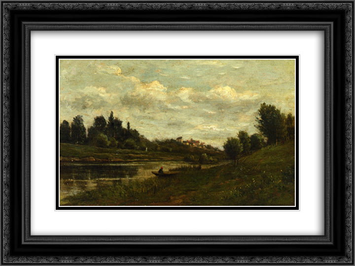 Fisherman on the Banks of the River 24x18 Black Ornate Wood Framed Art Print Poster with Double Matting by Daubigny, Charles Francois